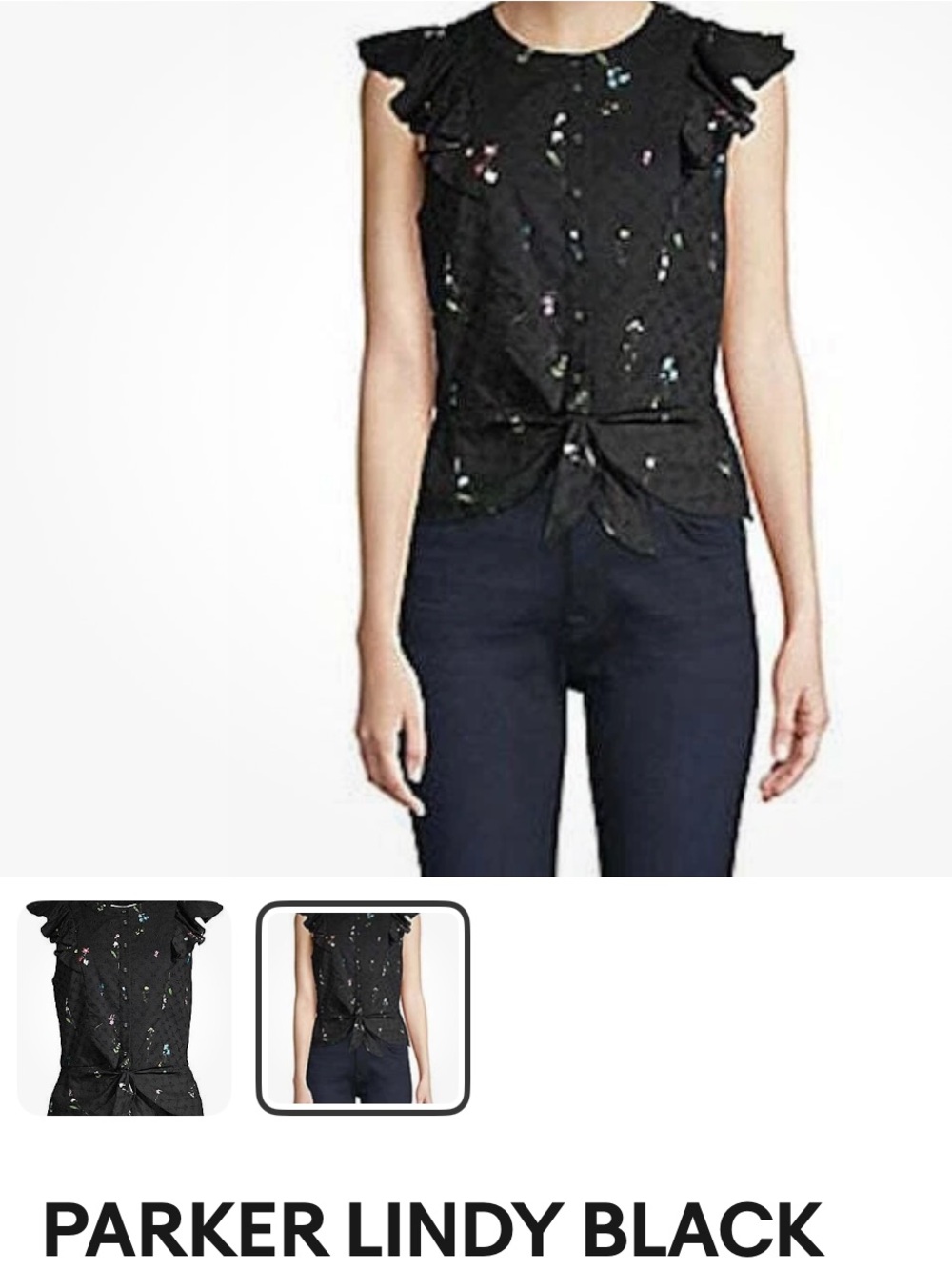 Parker Black Ruffle-Sleeve Tie-Front Blouse with Subtle Multicolor Flowers